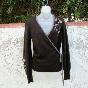 Bandolera brown embellished wool wrap sweater 44